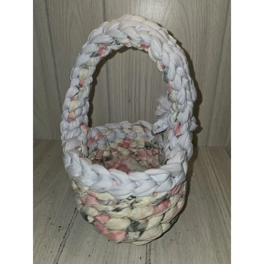 Vintage Hand Crafted Woven Knotted Cloth Basket Spring Easter Pastel Blue Pink